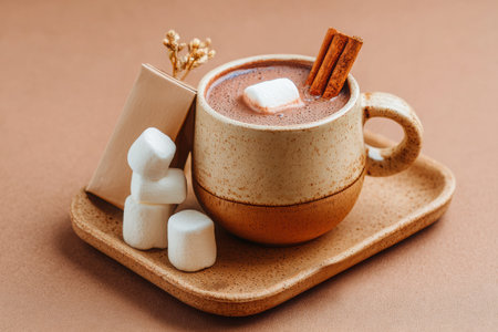 Cozy mini hot chocolate set includes a warm mug topped with marshmallows and a cinnamon stick, alongside a cocoa packet, ideal for winter enjoyment and relaxationの素材
