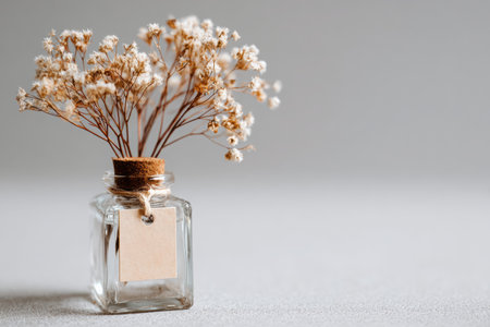 A glass jar showcases dried flowers with a cork stopper and a blank tag, placed on a soft surface, creating a serene and minimalist ambiance for home decorの素材
