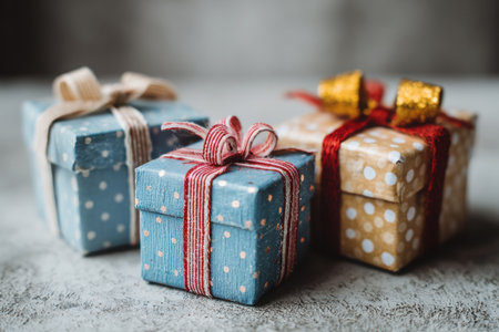 Three mini gifts of different shapes, wrapped in colorful paper with polka dots, are placed on a textured surface, providing a cheerful and minimalist vibe with copy spaceの素材