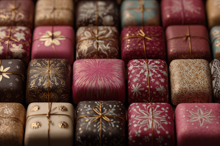A beautiful collection of small chocolate bars, elegantly wrapped in colorful packaging with detailed patterns, creating a visually appealing display with copy spaceの素材