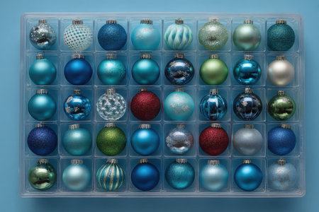 Miniature Christmas ornaments displayed in a clear container on a blue surface, featuring a variety of colors and textures, perfect for holiday decor ideasの素材