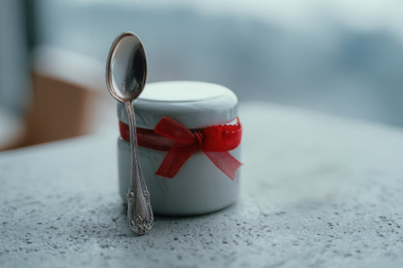 This minimalist image features a delightful miniature tea gift box adorned with a silver spoon and red ribbon, emphasizing elegance and tranquility in a soft ambianceの素材
