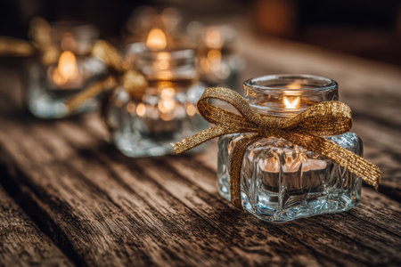 Mini candles in glass jars adorned with golden ribbons are arranged on a rustic wooden surface, casting a warm glow and enhancing the cozy ambiance of the settingの素材