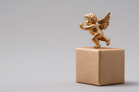 Gold angel figurine is playfully positioned atop a small textured box, showcasing a whimsical design and soft lighting that enhances the serene ambiance of the sceneの素材