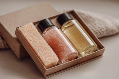 Minimalist gift box contains high-fidelity bath products, showcasing pink bath salts and essential oil, ideal for relaxation and self-care in a soothing ambianceの素材