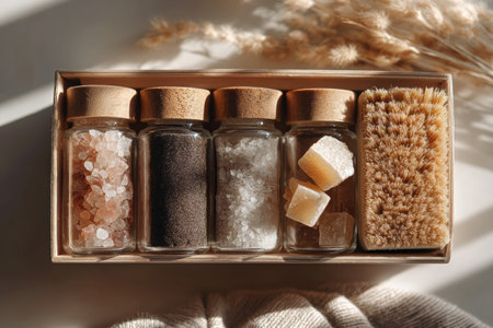 A minimalist self-care set includes tiny jars filled with bath salts and a natural brush, beautifully arranged in a wooden box, creating a tranquil atmosphereの素材