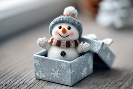 Minimalist photo of a small box containing a snowman figurine, highlighting soft textures and a warm atmosphere, ideal for festive decor and seasonal inspirationの素材