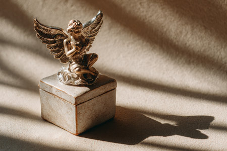 A small box features a detailed angel figurine, beautifully illuminated, casting gentle shadows on a textured background, evoking a peaceful ambianceの素材