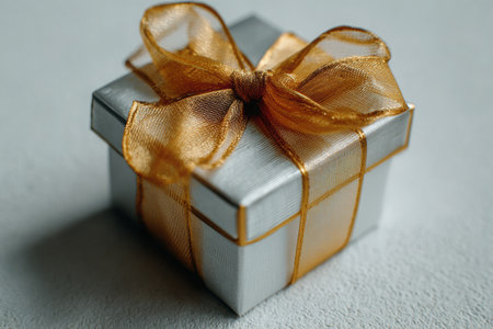 Minimalist silver box beautifully decorated with a wide golden ribbon, ideal for gifting during holidays or special occasions, featuring a clean and elegant aesthetic with copy spaceの素材