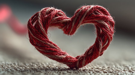 Red thread intricately formed into a heart shape against a pale beige background, showing a shallow depth of field and soft natural lightingの素材