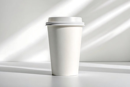 White coffee cup isolated on white background with window shadowの素材