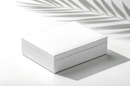 White box isolated on white background with leaf shadow overlayの素材