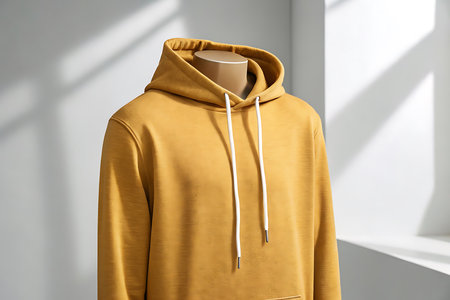 Yellow hoodie on mannequin isolated on white backgroundの素材