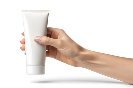 Womans hand holding a white tube isolated on white background, close upの素材