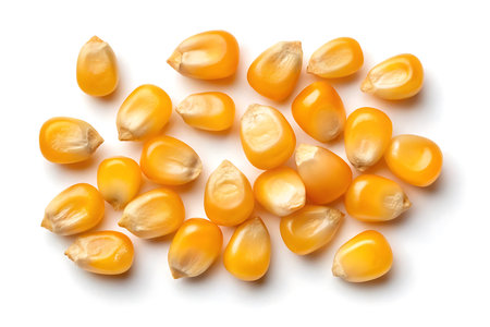 Heap of dry corn seeds isolated on white background, top viewの素材