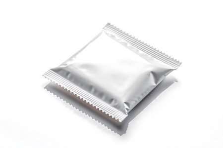 Blank silver foil sachet isolated on white background for product mockupの素材