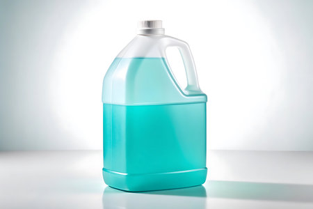 Gallon of blue liquid isolated on white background, close up shotの素材