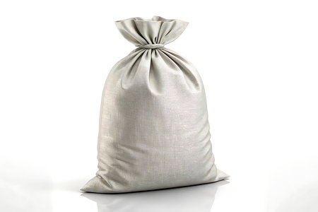 Full bag made of burlap isolated on white background, tied at the topの素材