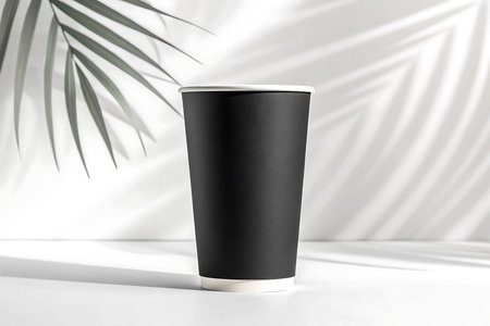 Black paper cup with palm leaf shadow isolated on white backgroundの素材