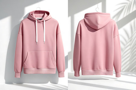 Front and back of a pink hoodie isolated on white backgroundの素材