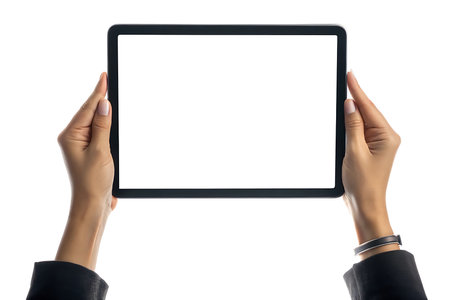 Woman holding tablet with blank screen isolated on white backgroundの素材