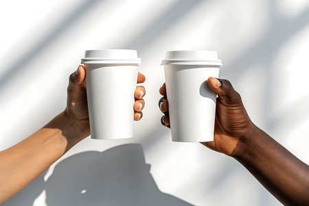 Two hands holding disposable coffee cups isolated on white backgroundの素材