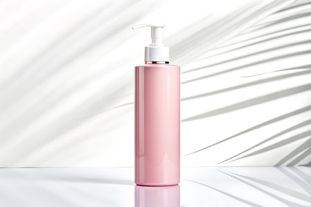 Pink cosmetic bottle with shadow isolated on white backgroundの素材