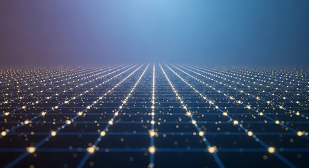 Abstract digital grid with glowing nodes extending into a futuristic blue and purple gradient backgroundの素材