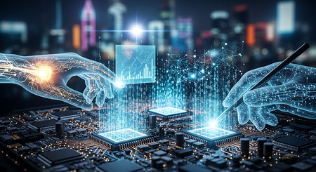 Futuristic digital technology concept with glowing data streams connecting microchips and abstract human hands in a blurred city backgroundの素材