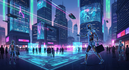Futuristic cityscape with glowing neon lights and holographic displays showcasing advanced technology and bustling urban lifeの素材