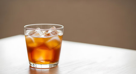 Refreshing iced tea in a tall glass filled with ice cubes on a white table with soft backgroundの素材