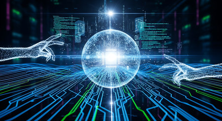 Futuristic digital hands reaching towards a glowing orb of light surrounded by abstract data streams and circuit board patternsの素材