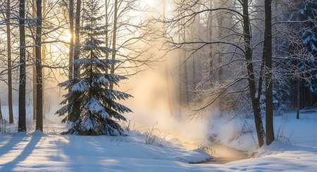 Golden sunbeams pierce through a frosty winter forest illuminating rising mist over snow covered groundの素材