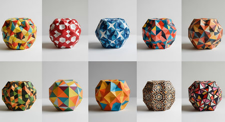 Collection of ten decorative geometric patterned vases in various vibrant colors and textures arranged in two rowsの素材