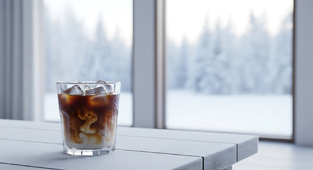 Refreshing iced coffee with cream and ice cubes sits on a white table in front of a snowy winter windowの素材