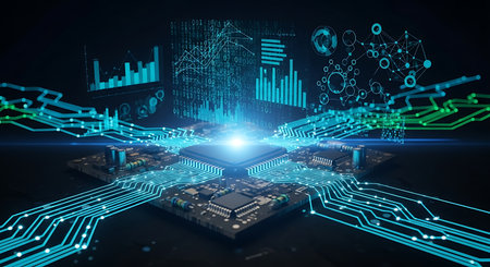 Abstract digital network of glowing blue and green circuits and data streams emanating from a central processorの素材