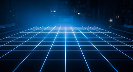 Futuristic neon blue grid receding into a dark digital void with glowing lights in the distanceの素材
