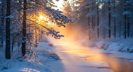 Golden sunlight streams through snow covered trees illuminating a misty winter forest landscape with a frozen streamの素材