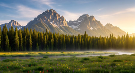 Majestic mountain peaks bathed in golden sunrise light over a misty forest and lush green meadowの素材