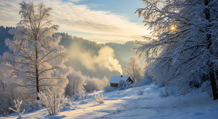 Cozy cabin nestled amongst snow covered trees bathed in golden morning sunlightの素材