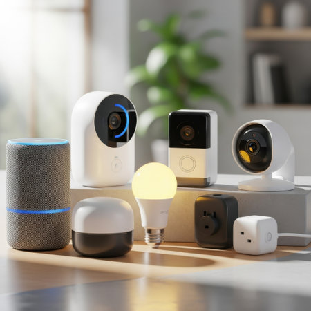Collection of smart home devices including security cameras and smart speakers arranged on a surface isolated on white backgroundの素材