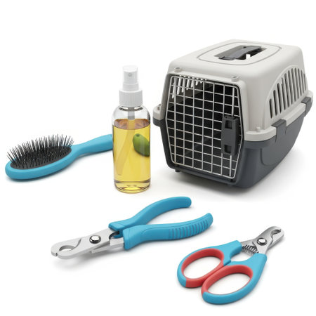 Collection of pet grooming and travel supplies including a carrier nail clippers brush and liquid isolated on white backgroundの素材