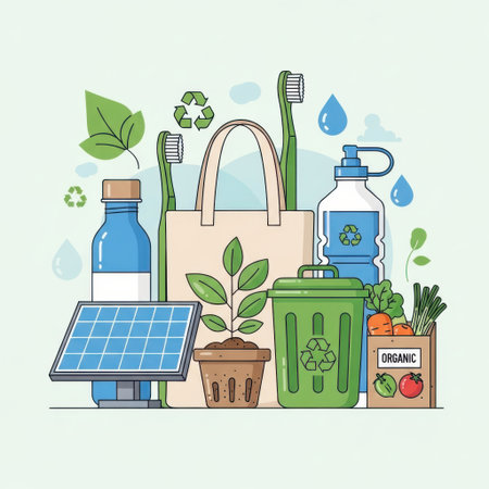 Collection of eco friendly products and renewable energy sources for sustainable living isolated on white backgroundの素材