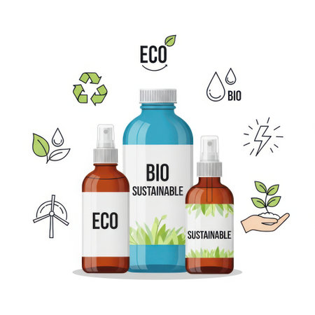 Three bottles of eco friendly bio sustainable cleaning products with green leaf and recycling symbols isolated on white backgroundの素材