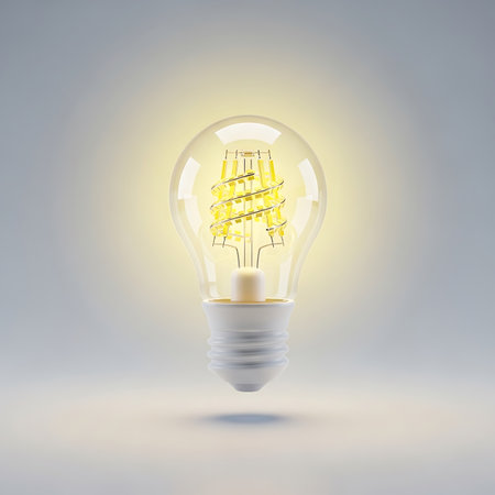 A single, transparent light bulb with a visible glowing spiral filament emits a warm yellow light, casting a soft shadow.の素材