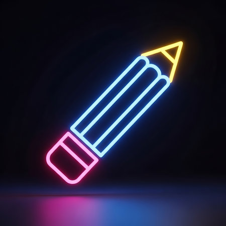 A glowing neon pencil in blue, yellow, and pink stands out against a dark, reflective surface, symbolizing creativity and drawing.の素材