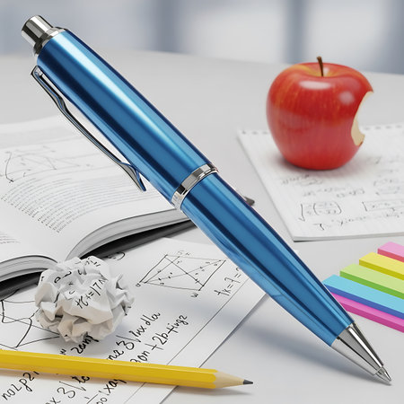 A metallic blue pen is the focal point on a desk with crumpled paper, a bitten apple, and colored pencils.の素材