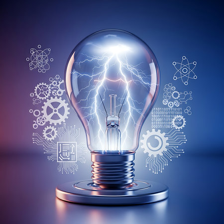 A transparent light bulb glows with internal electrical arcs, surrounded by scientific icons and gears, symbolizing innovation and scientific progress.の素材