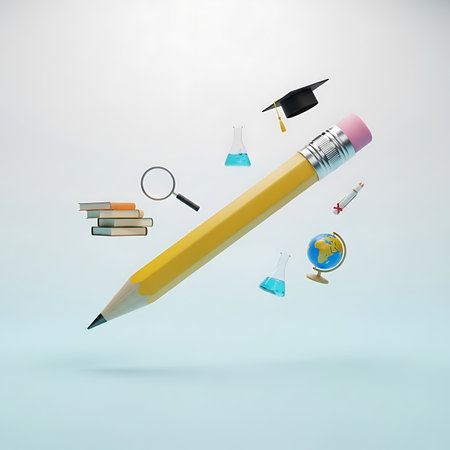 A bright yellow pencil hovers mid-air, accompanied by a graduation cap, books, magnifying glass, and a globe, symbolizing education.の素材