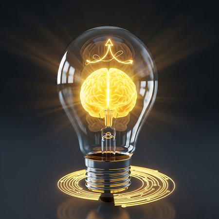 A glowing brain is depicted inside a clear lightbulb, representing the spark of creativity and intellectual breakthroughs.の素材